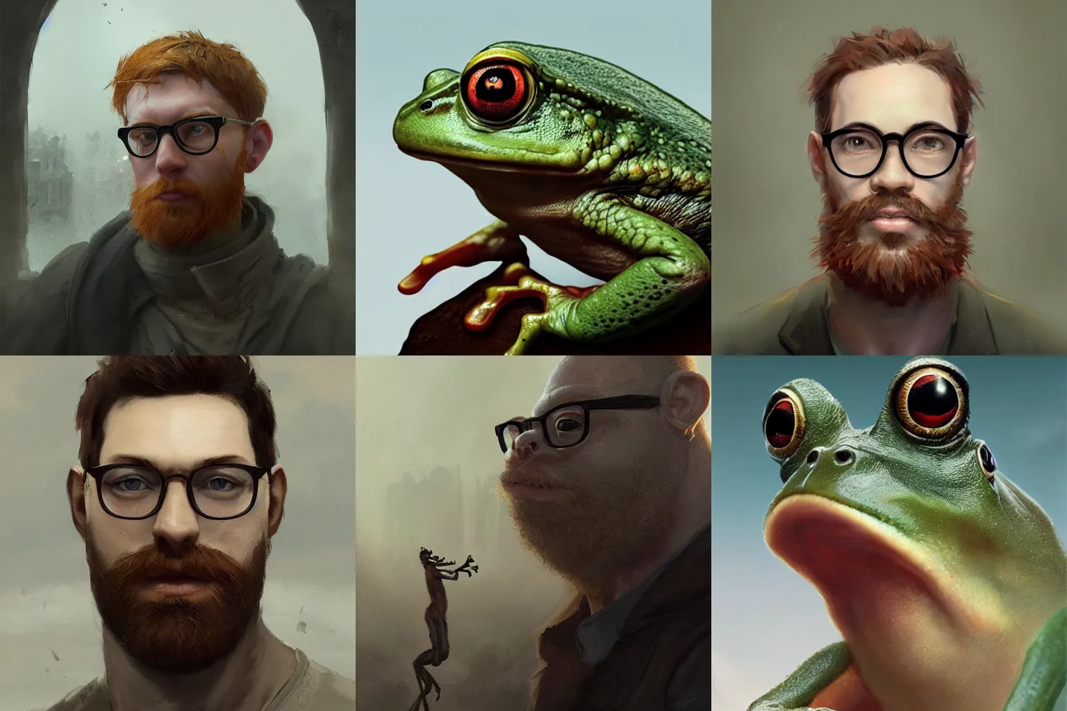 Prompt: A portrait of a Frog with ginger hair, short beard, glasses, art by greg rutkowski, matte painting, trending on artstation @forzafourfotos