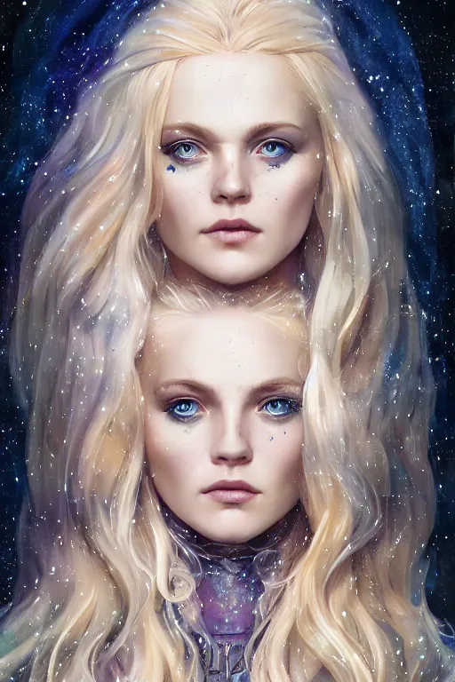 Image similar to Norse blonde goddess of glitter character portrait, lean face, cinematic lighting, hyper-detailed, cgsociety, blue eyes, 8k, high resolution, in the style of Charlie Bowater, Tom Bagshaw, alan lee, single face, symmetrical, headshot photograph, insanely detailed and intricate, beautiful, elegant, watercolor, cinematic, portrait, Raphaelite, headroom, artstation, Pierre-Auguste Renoir