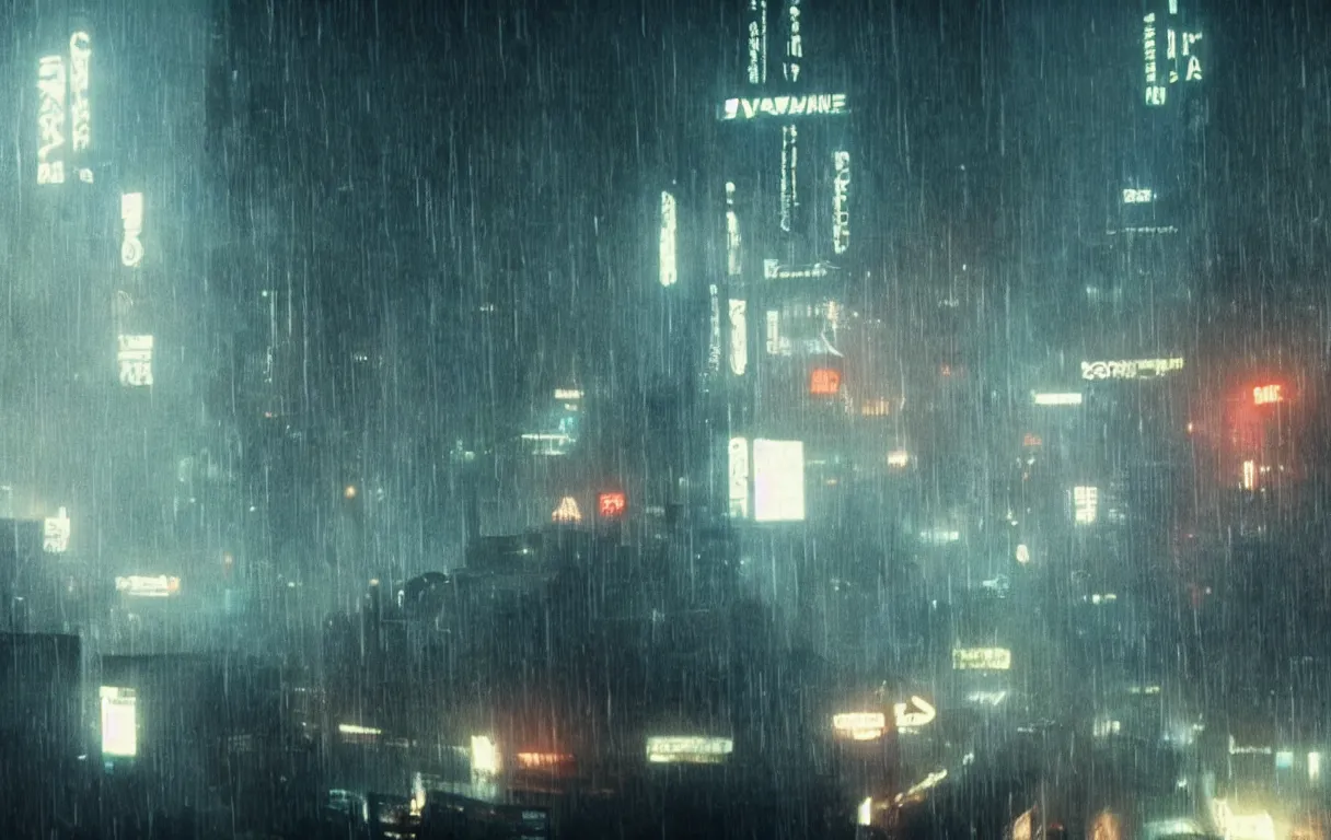 Prompt: blade runner 2047, movie, dystopian city, rain