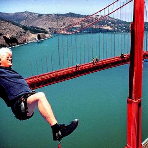 Image similar to national geographic photo of Bill Clinton bungie jumping off golden gate Bridge