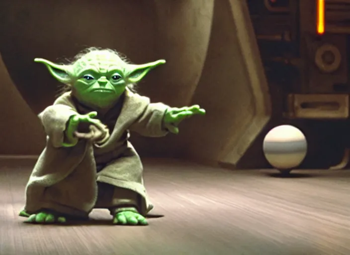 Prompt: film still of yoda uses the force to roll a bowling bowl down a lane in a bowling alley in the new Star Wars movie, 4k