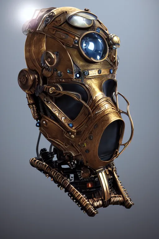 Image similar to steampunk mask minimalist fantasy art robot ninja helmet, global illumination ray tracing hdr fanart arstation by sung choi and eric pfeiffer and gabriel garza and casper konefal radiating a glowing aura