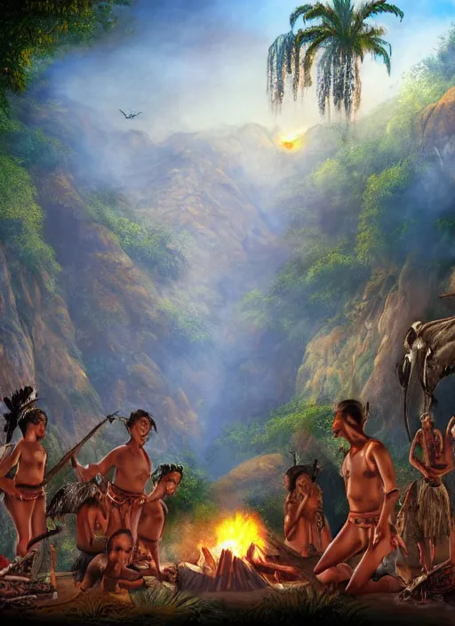 Prompt: a beautiful matte painting of an indigenous tribe around a fire in the jungle, fantasy art