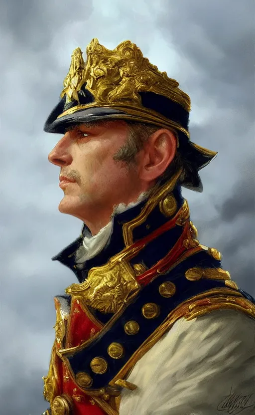 Prompt: portrait of a napoleonic admiral, male, detailed face, fantasy, highly detailed, cinematic lighting, digital painting by craig mullins