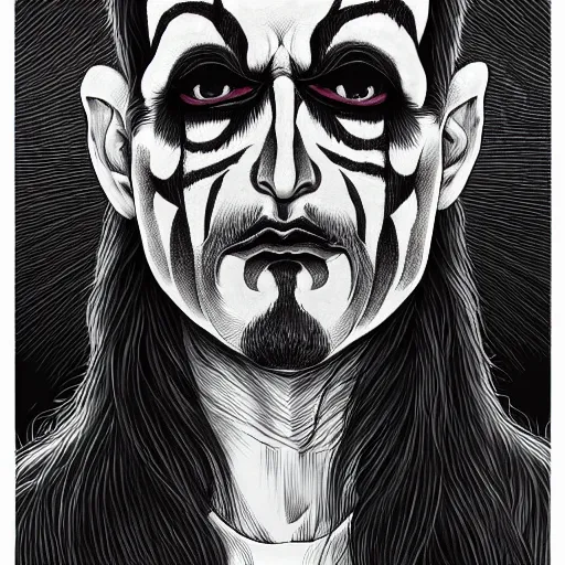 Image similar to detailed print of man wearing corpse paint. Artwork by Junji Ito and dan Mumford