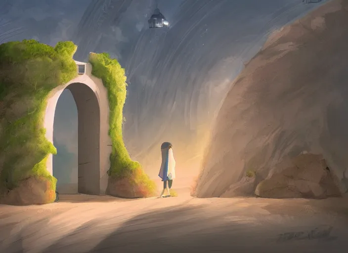 Image similar to wall with portal to jeddah city, digital painting, concept art, smooth, sharp focus, illustration by studio ghibli