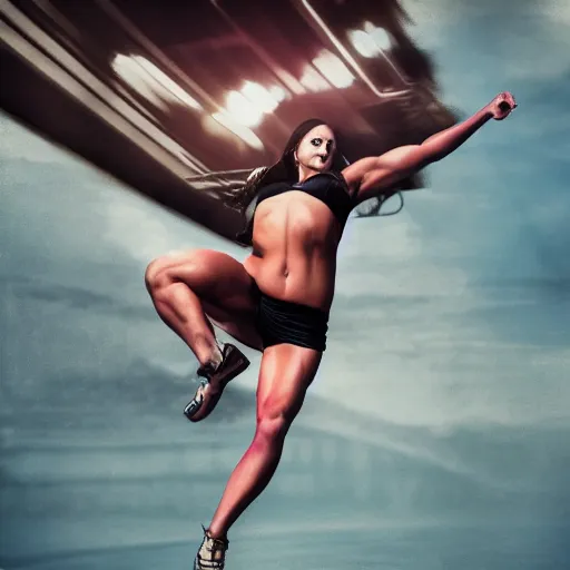 Image similar to car jumping, bodybuilder, woman, holding, photo, digital art, hands, underbody, tire, throw, standing