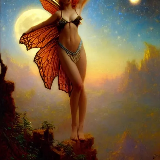 Image similar to attractive fairy magically floating high in the night, fantasy, full moon in background. highly detailed painting by gaston bussiere, craig mullins, j. c. leyendecker, sharp focus, 8 k