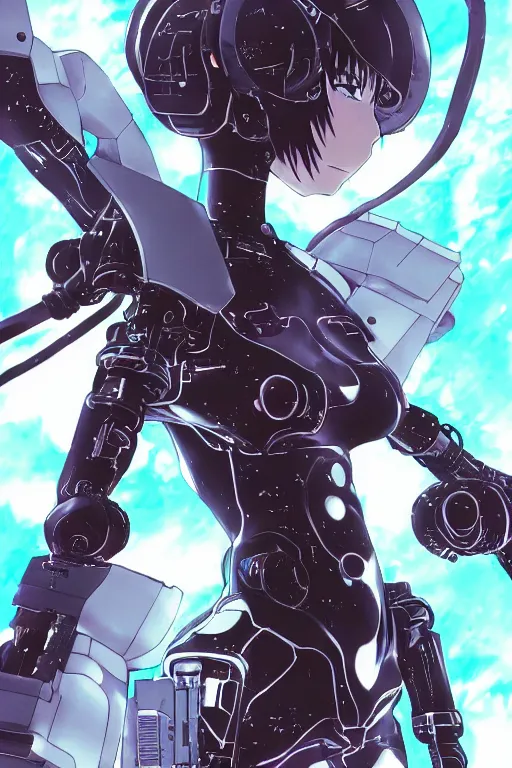 Prompt: beautiful coherent award-winning manga cover art of a mysterious lonely cyborg anime girl wearing a plugsuit, serial experiments lain, neon genesis evnagelion, painted by tsutomu nihei