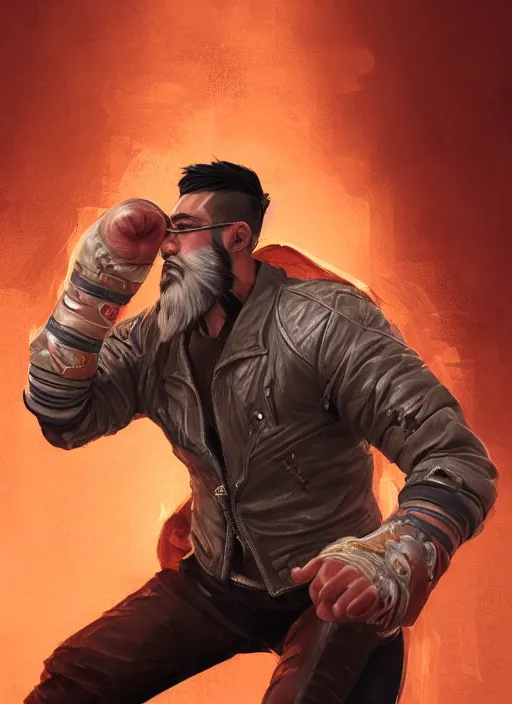 Image similar to a highly detailed illustration of bearded asian man wearing leather jacket with bandaged right hand, focused boxing philly shell stance pose, hands shielding face, intricate, elegant, highly detailed, centered, digital painting, artstation, concept art, smooth, sharp focus, league of legends concept art, WLOP