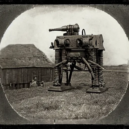 Image similar to a photograph from 1890 of mechwarrior made out of a cast iron potbelly stove