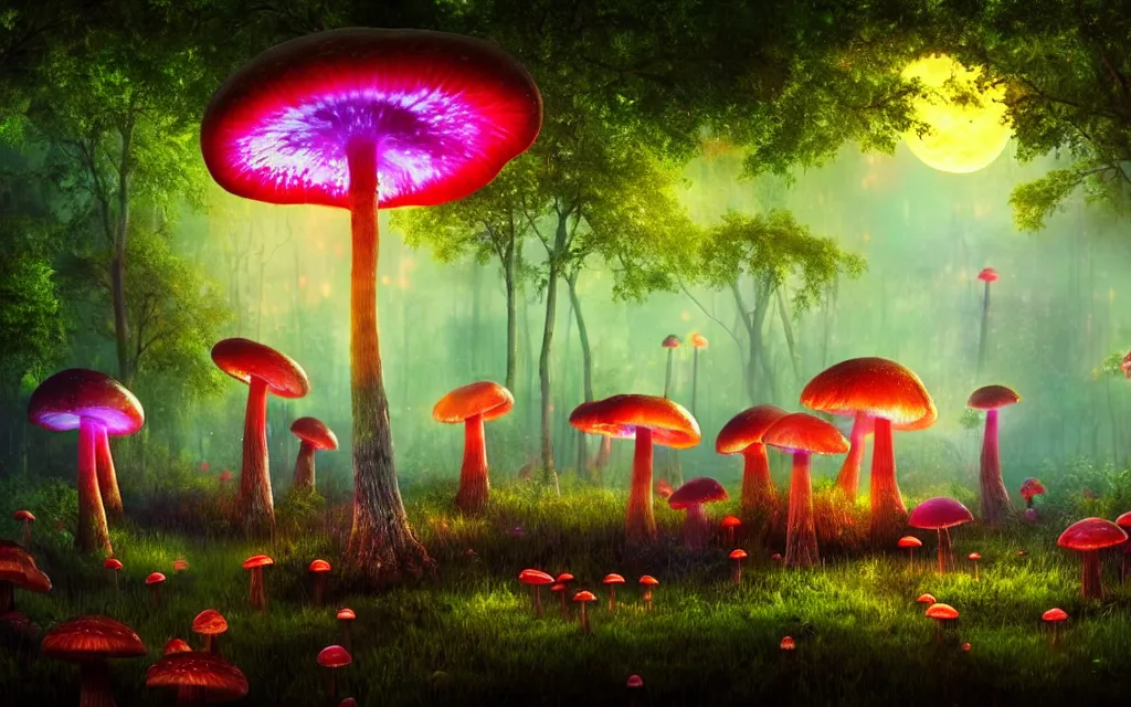 Prompt: a misty swamp with many colorful giant mushrooms, at night, fireflies!, full moon!, many trees!, beautiful lighting, fantasy colors, vivid colors!, highly detailed, octane render, 4 k, trending on artstation