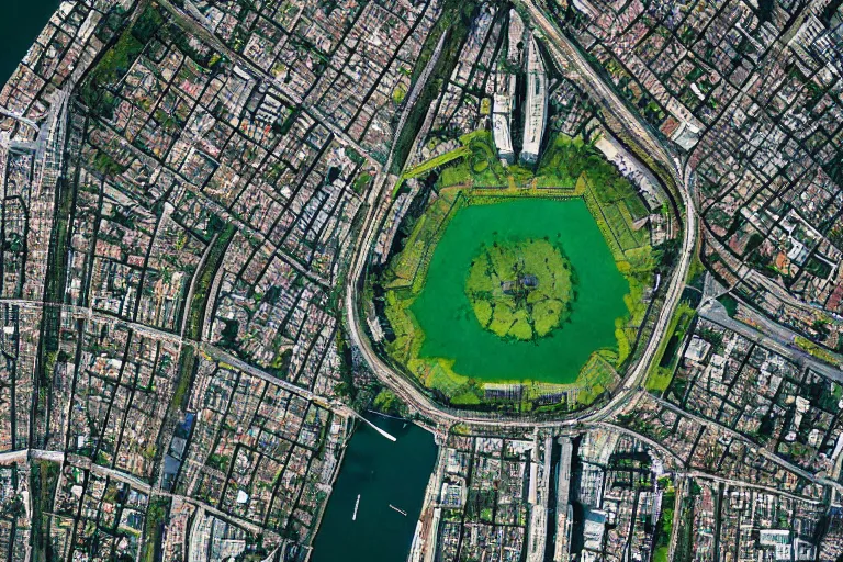 Image similar to satellite photography of a city with a square green park in the middle.