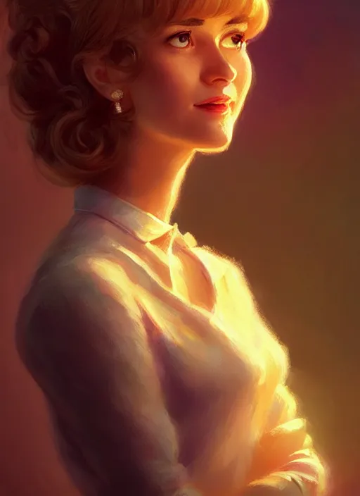 Image similar to portrait of betty cooper with fluffy bangs, bangs, 1 9 6 0 s, ponytail, curly bangs and ponytail, rounder face, intricate, elegant, glowing lights, highly detailed, digital painting, artstation, concept art, smooth, sharp focus, illustration, art by wlop, mars ravelo and greg rutkowski