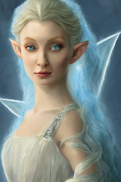 Prompt: portrait, headshot, digital painting, of elven queen Galadriel, beautiful, tall, white dress, fair curly hair, blue eyes, realistic, hyperdetailed, chiaroscuro, concept art, art by allan Ramsay