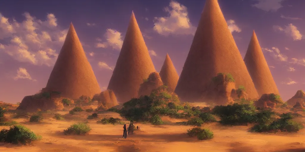 Image similar to a stunning desert landscape with a towering pyramid on the horizon by makoto shinkai