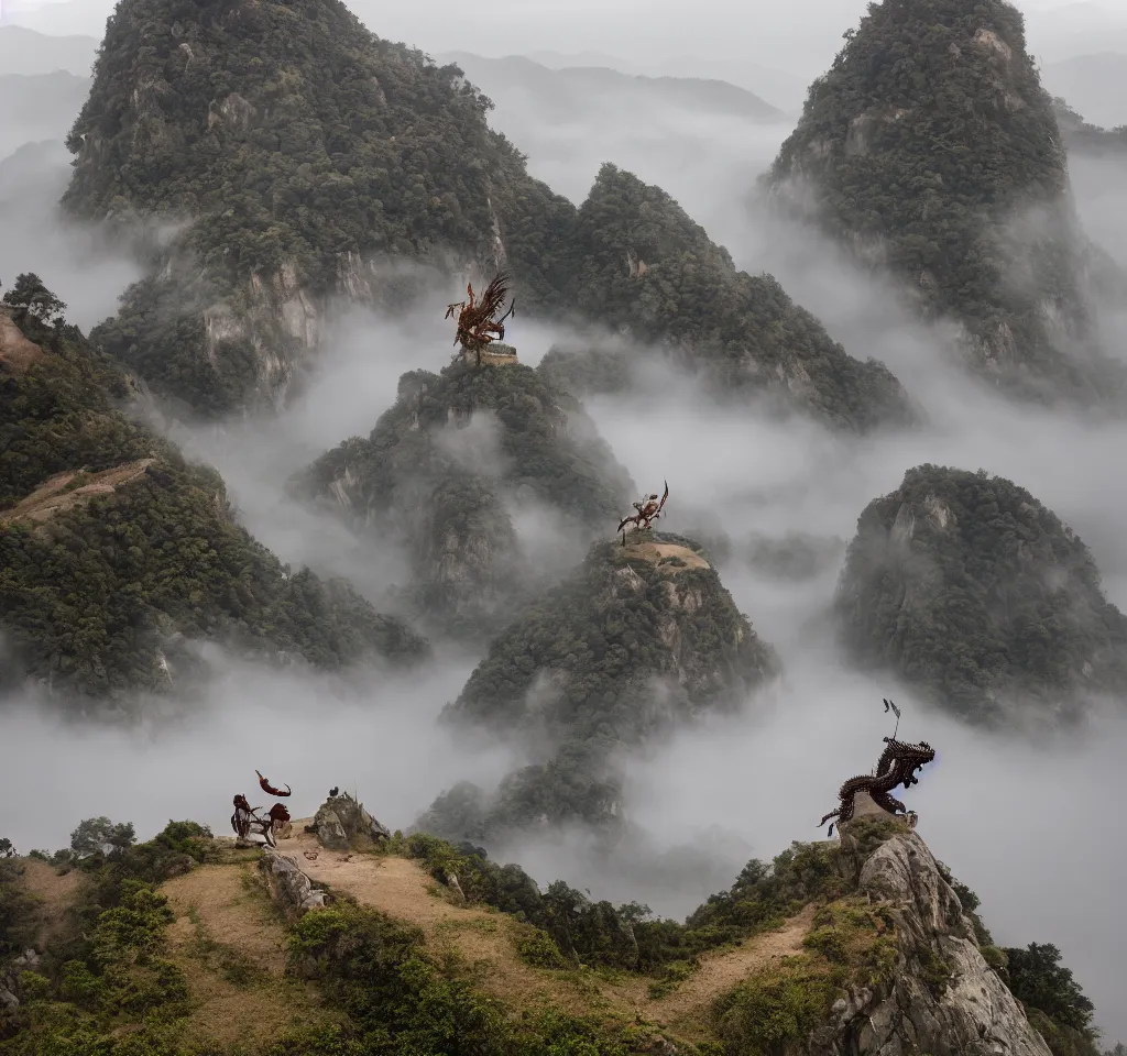 Prompt: a wuxia sword master encounters a big mythical oriental dragon on a misty mountain, 18mm f8 photography,