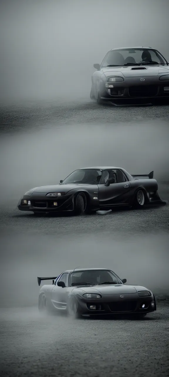 Image similar to a jdm mazda rx - 7 drifting in dunwall, cinematic, dark atmosphere, long exposure, white balance, 8 k, led, lumen global illumination, fog, ray tracing reflections