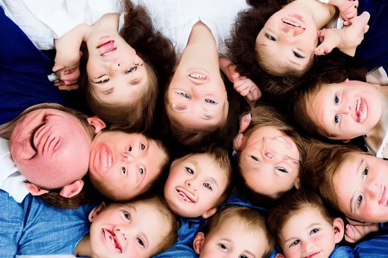 Prompt: A beautiful family portrait, but everyone's head is upside down or on backwards, photography, 85mm, photorealistic