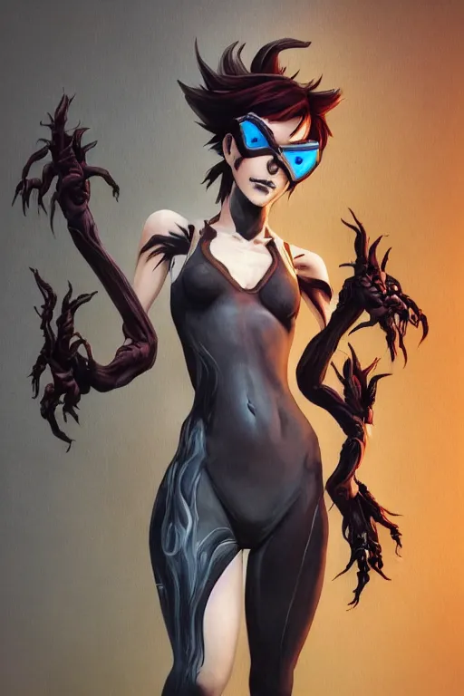 Image similar to dark full body painting of tracer from overwatch, in style of zdzisław beksinski, scary, horror, 4 k, feminine facial features, overwatch tracer character, horror, body horror, disturbing, detailed face, dressed in dark garment, black tendrils, tall, long legs,