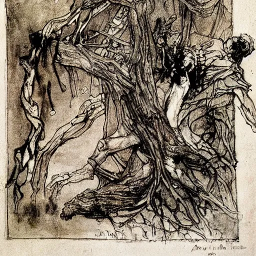 Prompt: Things fall apart the centre cannot hold mere anarchy is loosed upon the world, painted by Arthur Rackham