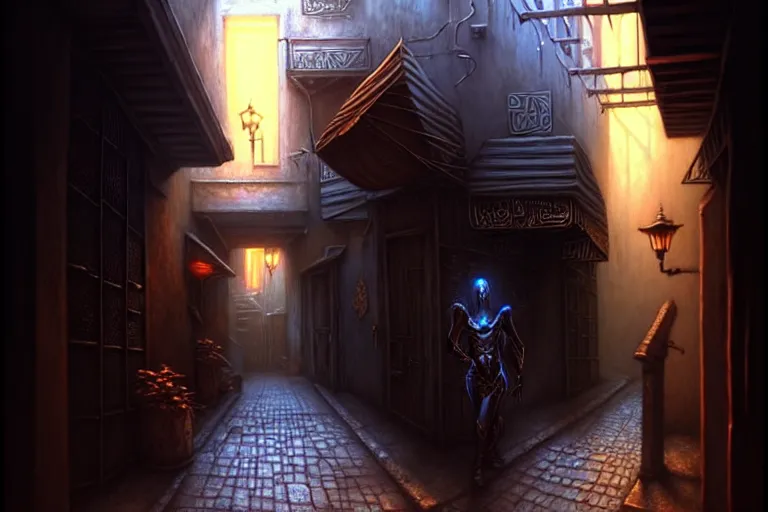 Image similar to a shadowy alleyway in the city of tyr from athas, amazing dark sun d & d art, by gerald brom, by wlop, intricate details, ultra realistic, beautiful, volumetric lighting, warm colors advance cool colors recede, cell shading, 8 k, by james gurney, by greg rutkowski, trending cgsociety, artstation