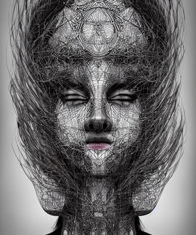 Image similar to A epic photo illustration of beautiful woman symmetrical portrait by Michael Sydney Moore, Alex Grey, hyper detailed, 50mm, award winning photography