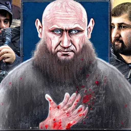 Image similar to ramzan kadyrov became bloody ugly puppet of putin, photo - realistic, color image, 2 k, highly detailed, bodyhorror, occult art