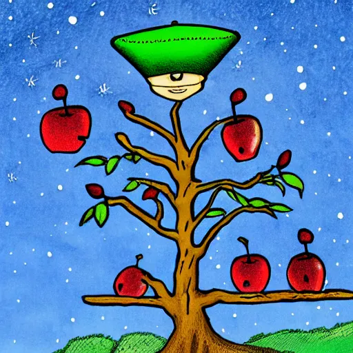 Prompt: ufo stealing apples from the tree