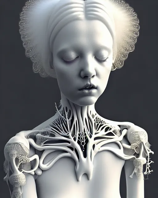 Image similar to dreamy foggy soft luminous bw 3 d octane render, beautiful spiritual angelic biomechanical mandelbrot fractal albino girl cyborg with a porcelain profile face, very long neck, halo, white smoke, rim light, big leaves and stems, fine foliage lace, alexander mcqueen, art nouveau fashion pearl embroidered collar, steampunk, silver filigree details, hexagonal mesh wire, elegant