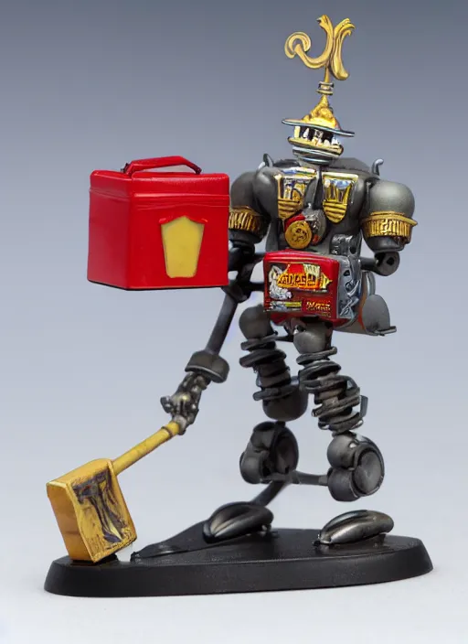 Image similar to 8 0 mm resin detailed miniature of a warhammer 4 0 k pizza delivery boy, robot, product introduction photos, 4 k, full body,