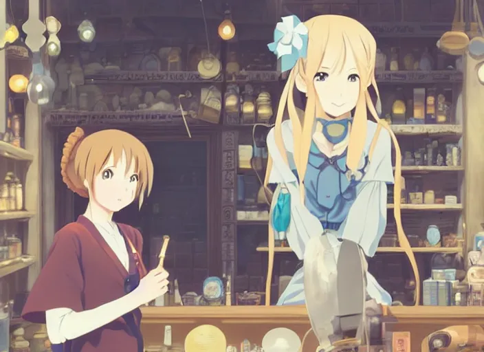 Image similar to anime visual, portrait of a young female traveler in a alchemist's shop interior, cute face by yoh yoshinari, katsura masakazu, studio lighting, dynamic pose, dynamic perspective, strong silhouette, anime cels, ilya kuvshinov, cel shaded, crisp and sharp, rounded eyes, moody, blue colors!!!!!!