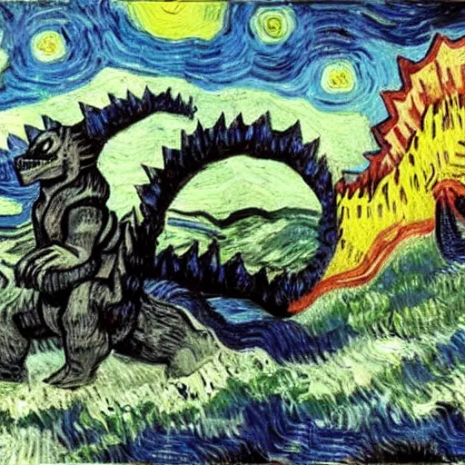 Prompt: giratina fighting godzilla, epic, establishing shot, oil painting by van gogh