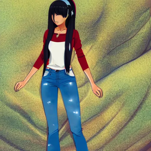 Prompt: brown skin anime girl using white and red tight raglan sleeves, tight blue jeans and cool shoes, silky long black hair with bangs, in a tropical forest, artstation, ray tracing, soft shade, from genchin impact