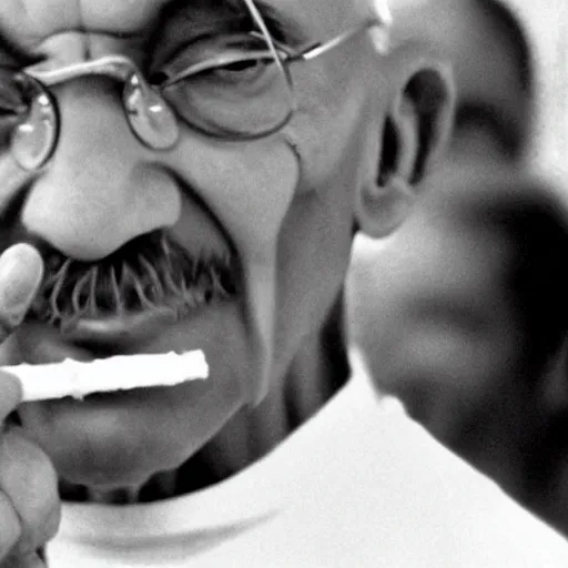Image similar to Mahatma Gandhi smoking a bong, fat coud, weed, cinematic masterpiece
