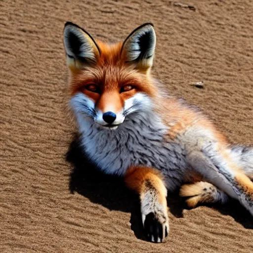 Image similar to a fox showing underneath his paws, pawpads,