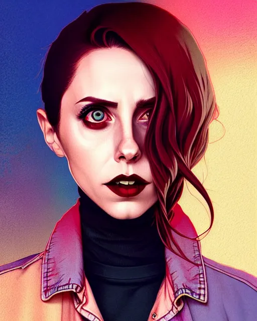 Image similar to loish, artgerm, Joshua Middleton art, Rafeal Albuquerque, pretty Alison Brie serial killer holding bloody knife in right hand realistic hand, blood on clothes and face, sarcastic smile, symmetrical eyes, symmetrical face, jean jacket, jeans, short blonde hair, middle shot, night time, deep blacks