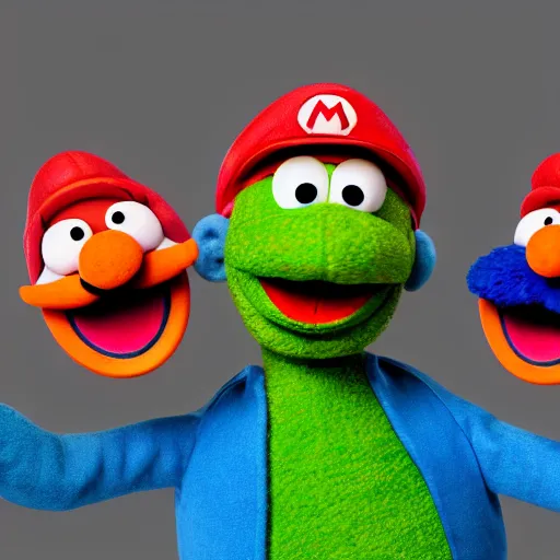 Image similar to mario as a puppet, still from sesame street, 4 k extremely detailed photography