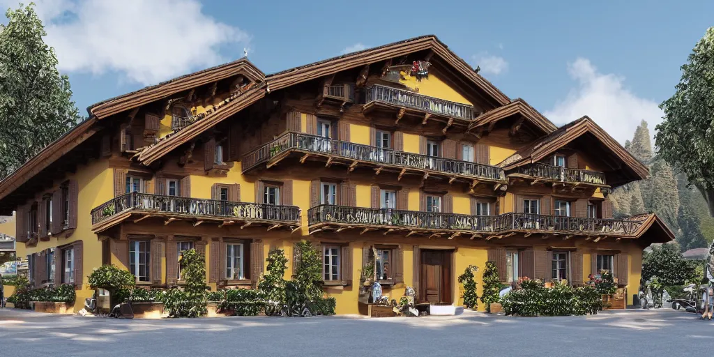 Prompt: Beautiful Swiss chalet with a large clock in its front, jewels, shiny silver, shiny gold, architectural render, Rolex, Breitling, Jacob & Co, Omega, Tag Heur