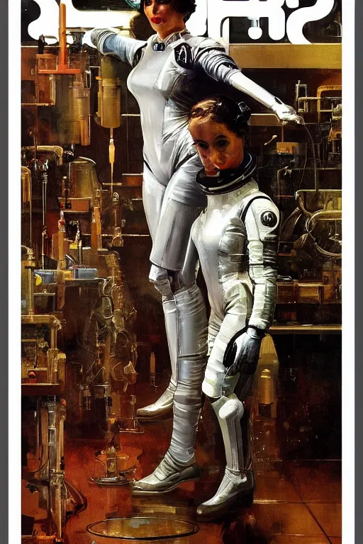 Image similar to pulp scifi fantasy illustration full body portrait of elegant woman wearing latex spacesuit in laboratory, by norman rockwell, jack kirby, bergey, craig mullins, ruan jia, jeremy mann, tom lovell