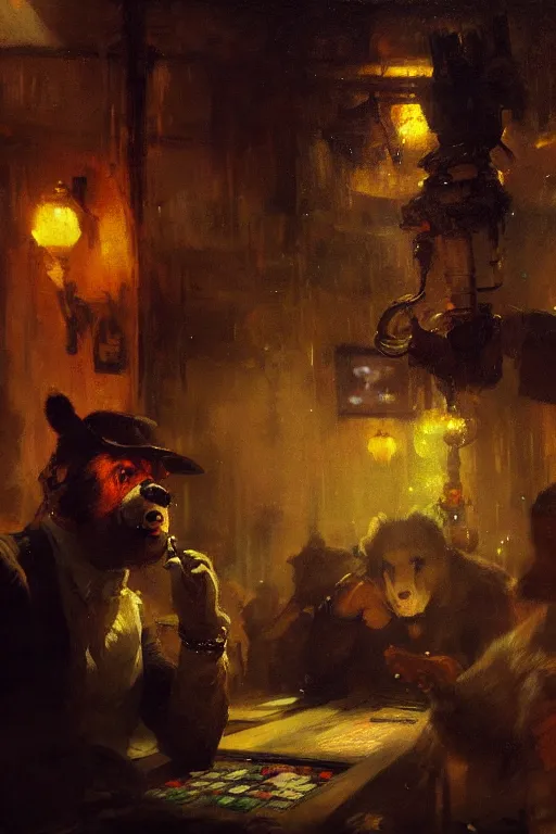 Prompt: portrait of bear gambling in the night club by anders zorn, wonderful masterpiece by greg rutkowski, beautiful cyberpunk lofi cinematic light, by greg manchess, jessica rossier