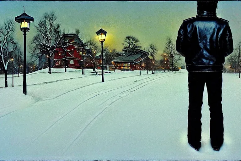 Image similar to beautiful snow - covered victor tsoi korean from back standing on alley with street lamps in park with pines to the horizon, dressed in short leather jacket, snowfall at night, 1 9 8 0 s mullet haircut, black hairs, half - length portrait, perfect symmetrical eyes, cinematic by norman rockwell, painting, digital art, detailed, hyperrealism, igla