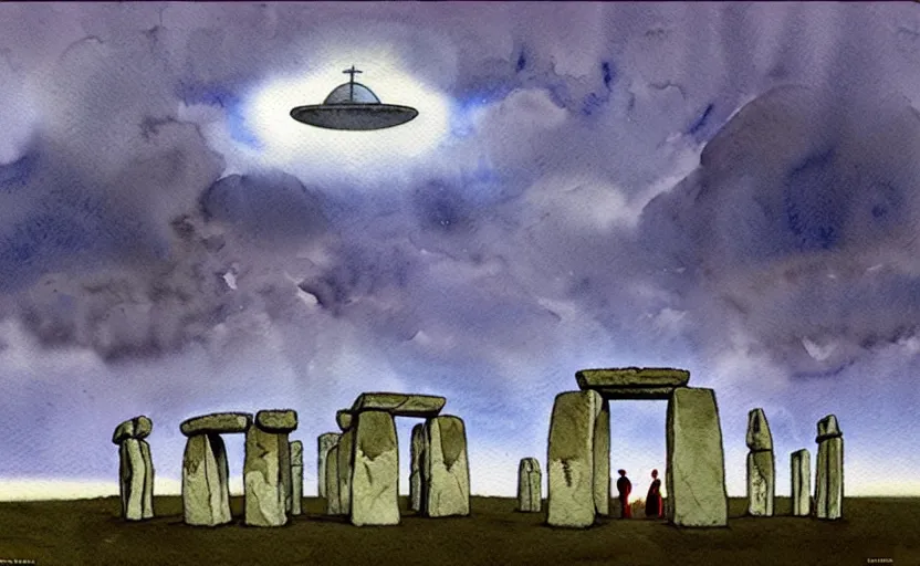 Image similar to a hyperrealist watercolour character concept art portrait of one small grey medieval monk pointing up in the air in front of a floating portal above a complete stonehenge monument on a misty night. a ufo is in the sky. by rebecca guay, michael kaluta, charles vess and jean moebius giraud