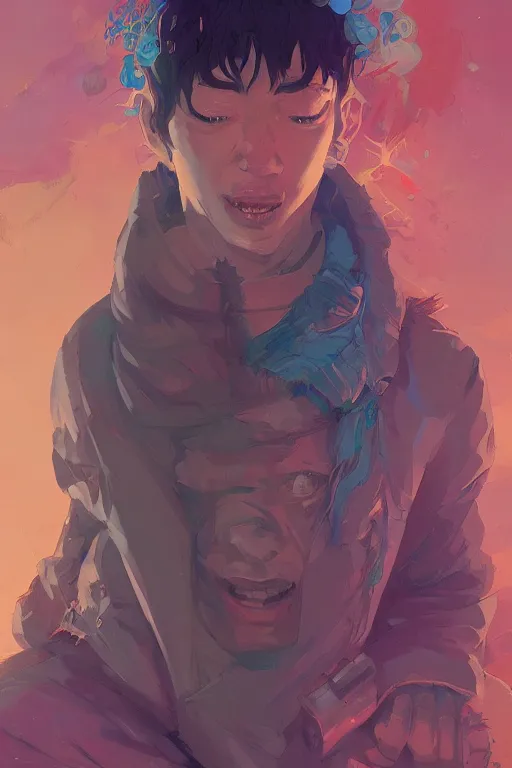 Image similar to portrait of a stoner, tooth wu, dan mumford, beeple, wlop, rossdraws, james jean, marc simonetti, artstation giuseppe dangelico pino and michael garmash and rob rey and greg manchess and huang guangjian and makoto shinkai