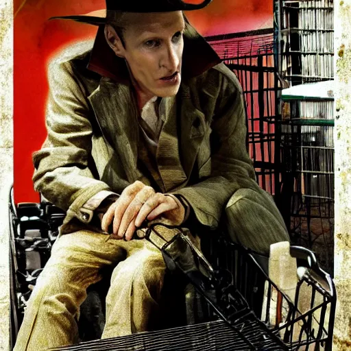 Prompt: nick valentine is sitting in a shopping cart