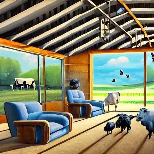 Image similar to interior view of modern futuristic farm barn architecture and interior design, lounge chairs, sofas, cows, chickens, pigs, wall art, detailed luminescent oil painting 4 k
