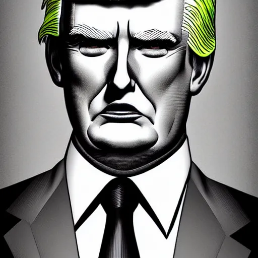 Image similar to character portrait inspired by max headroom and donald trump, digital art work made by brian bolland, highly detailed macabre face, realistic