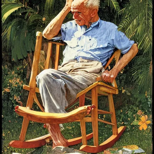 Image similar to an old man, sitting in a wooden rocking chair on a front porch, tropical location Whittling a piece of wood, by Norman Rockwell