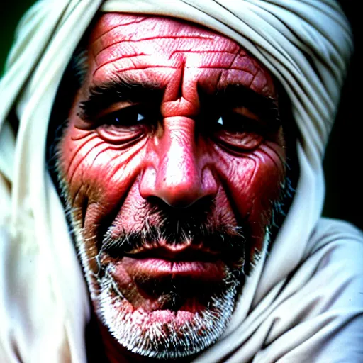 Prompt: portrait of jeffrey epstein as afghan man, green eyes and red turban looking intently, photograph by steve mccurry
