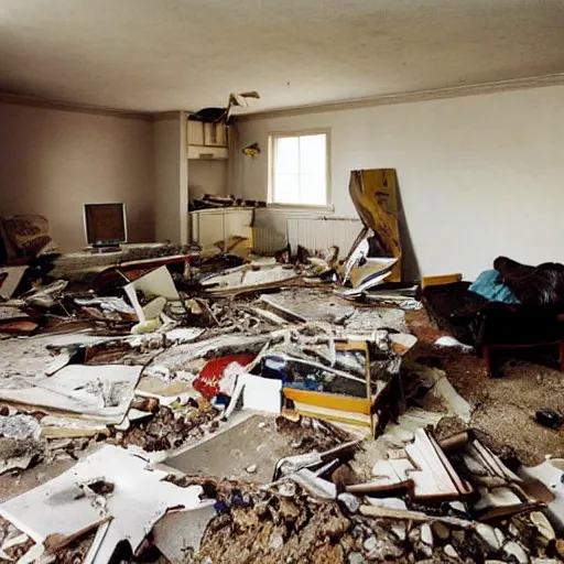 Prompt: The conceptual art shows a scene of total destruction. A room has been completely wrecked, with furniture overturned, belongings strewn about, and debris everywhere. The only thing left intact is a single photograph on the wall. This photograph is the only evidence of what the room once looked like. It shows a tidy, well-appointed space, with everything in its place. The contrast between the two images is stark, and it is clear that the destruction was complete and absolute. by Simon Bisley, by Dora Maar geometric, realistic